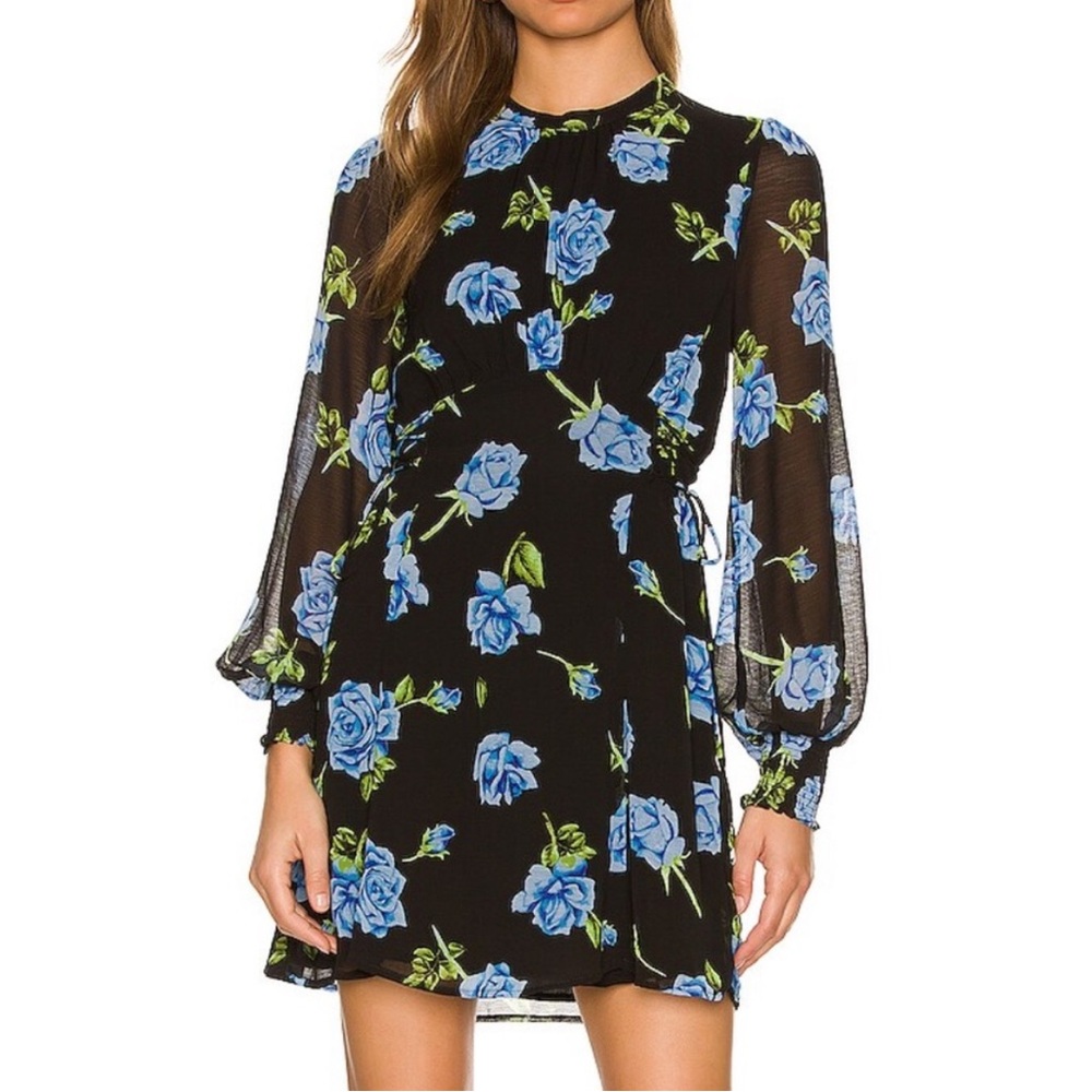 Free People Samantha Lace Up Floral Lined Mini Dress Black and Blue Floral